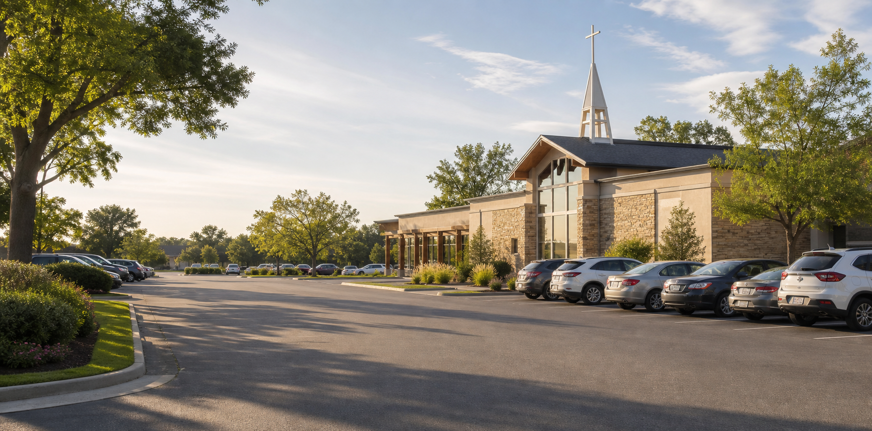 A welcoming church parking lot in warm morning light